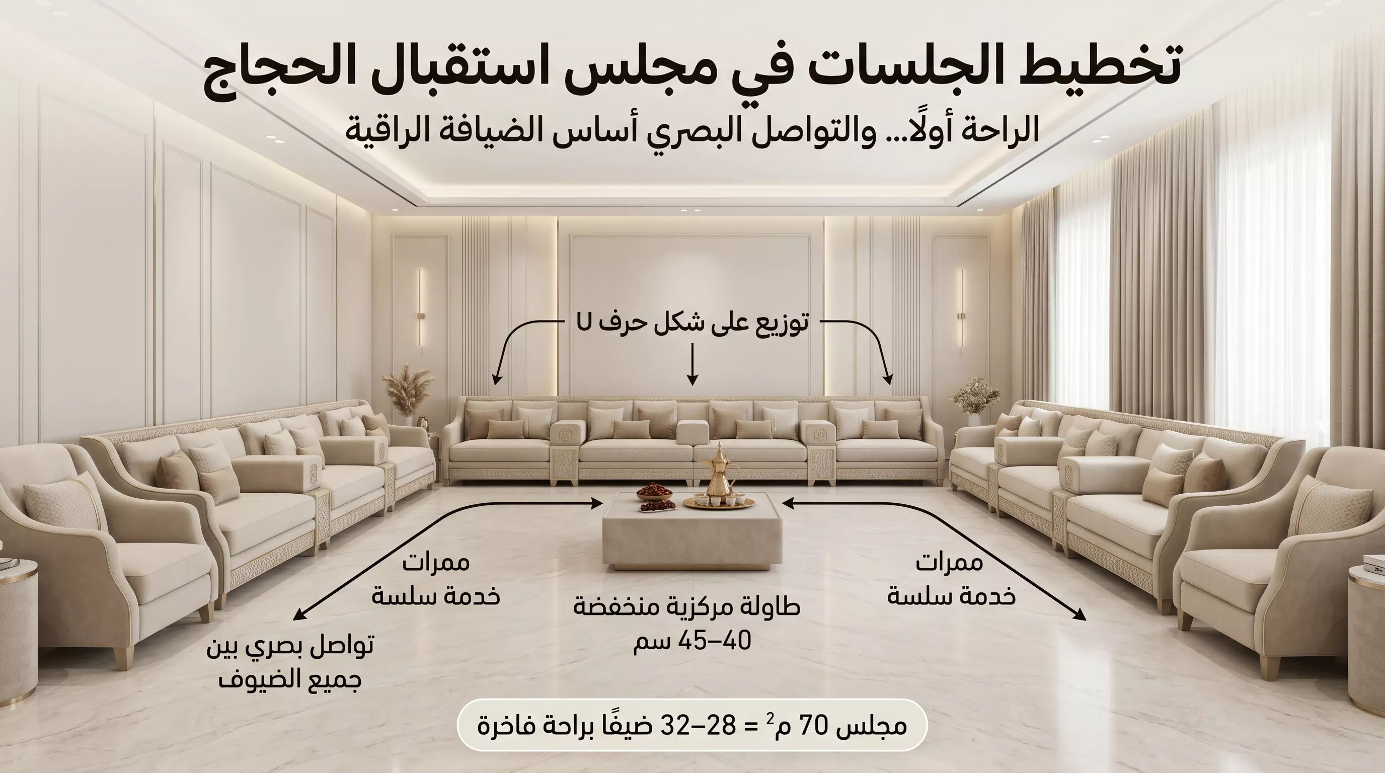 A luxurious infographic explains the U-shaped seating arrangement in the Hajj reception hall, with a low central table, convenient service corridors, and space to accommodate 28 to 32 guests.